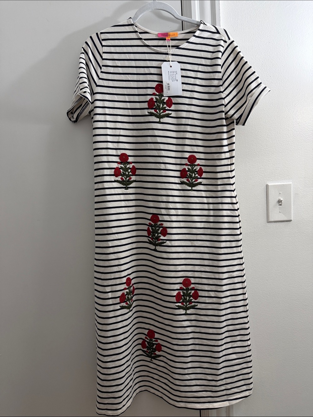 Striped short sleeve top with floral embroidery